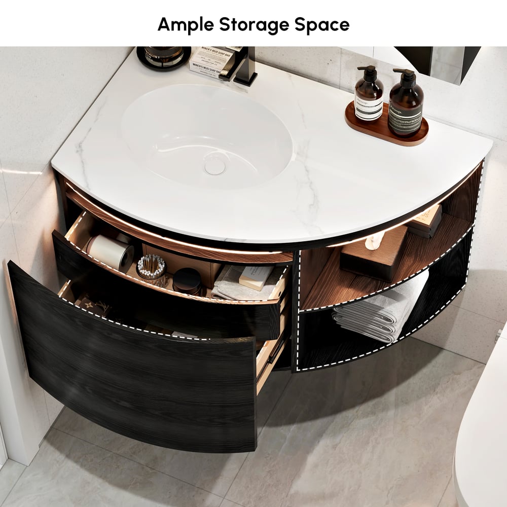 Modern 36" Corner Floating Single Bathroom Vanity with Sink, LED Light, Storage