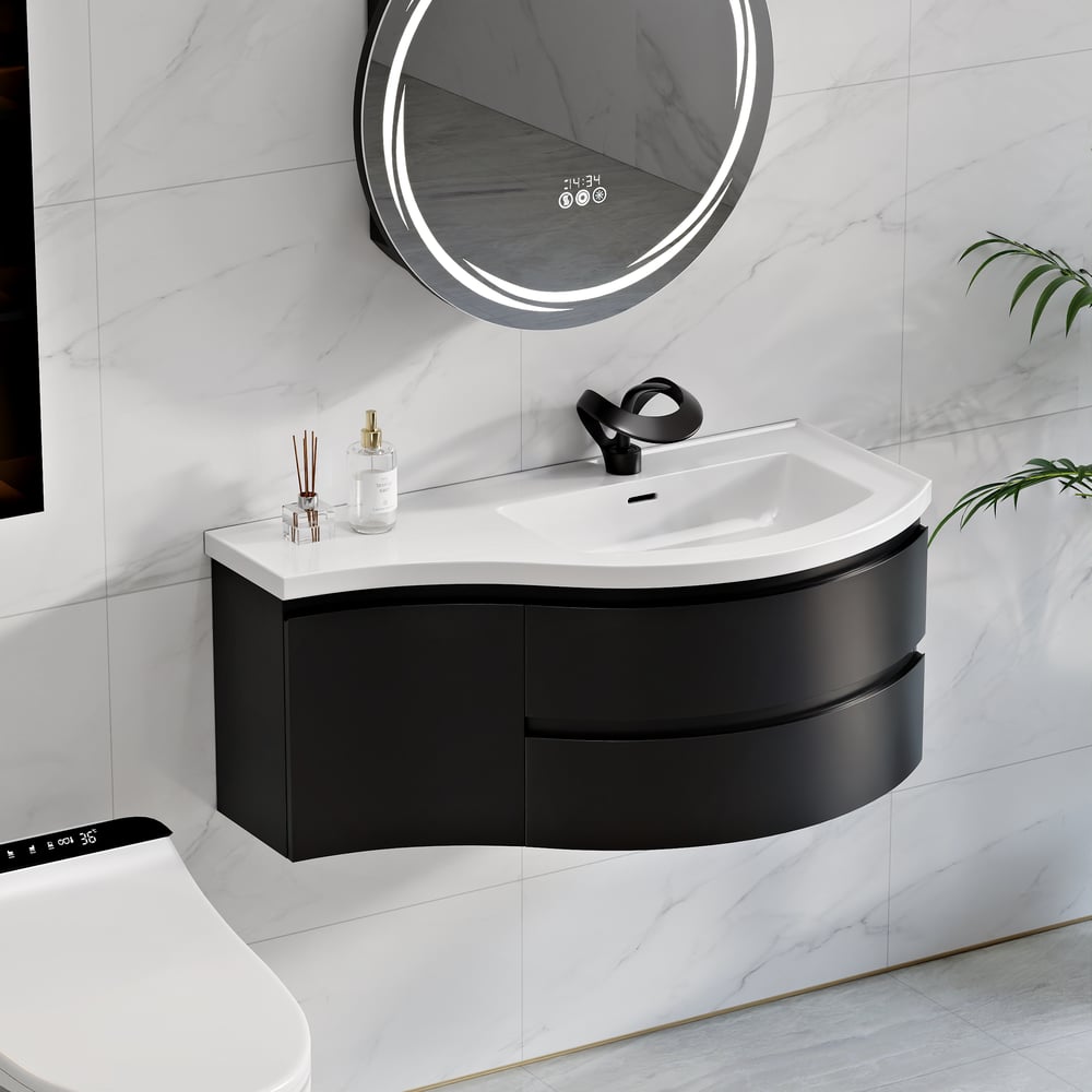 35" Floating Single Curved Bathroom Vanity with Sink & Storage