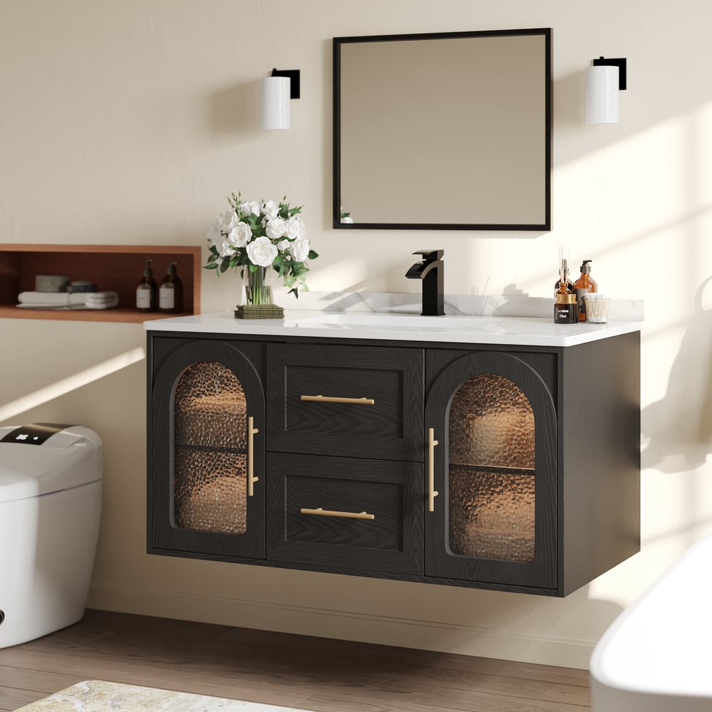 42" Arune Black Bathroom Vanity with Arched Glass Doors, Drawers and Light