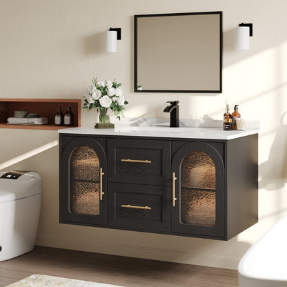 42" Arune Black Bathroom Vanity with Arched Glass Doors, Drawers and Light