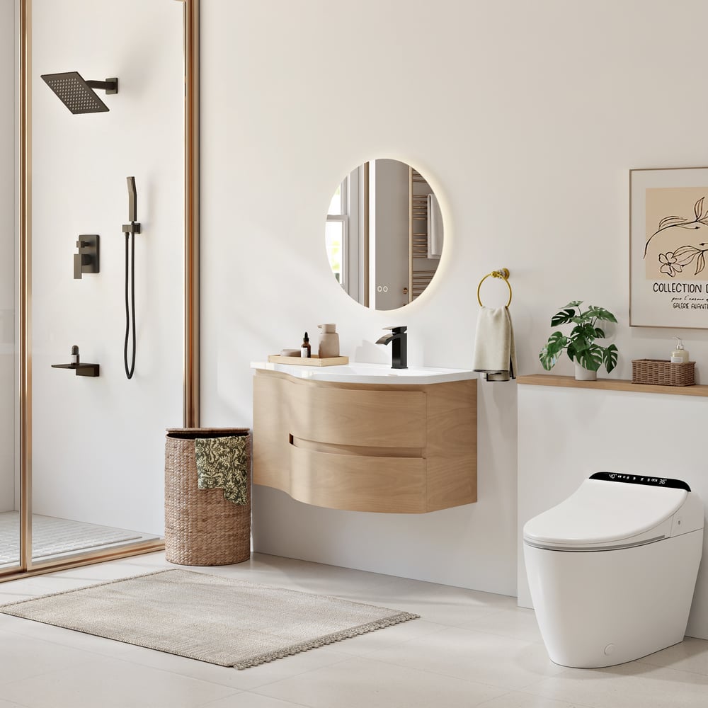 35" Floating Single Curved Bathroom Vanity with Sink & Storage