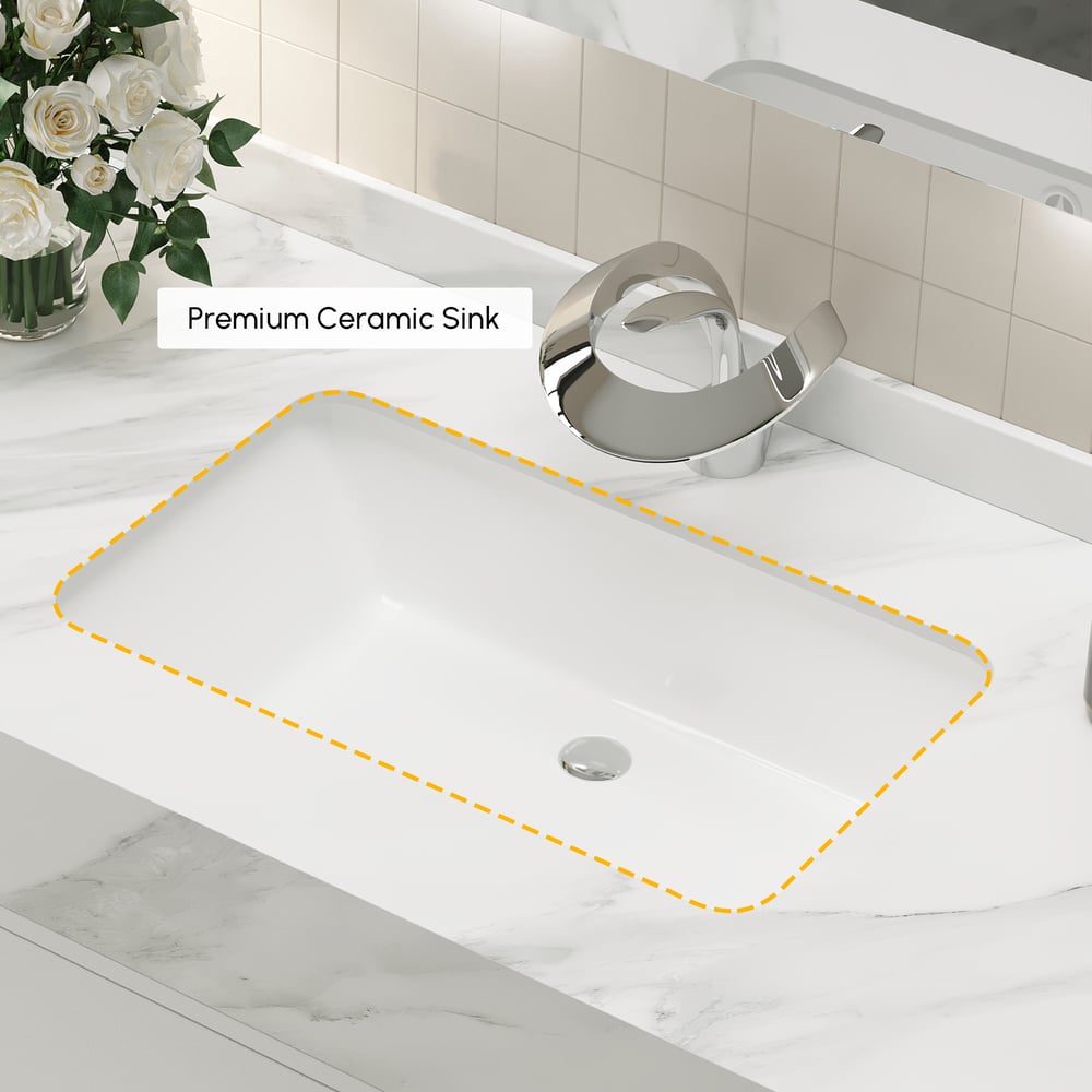 39.4" Freestanding White Bathroom Vanity, Sintered Stone Countertop & Silver Handles