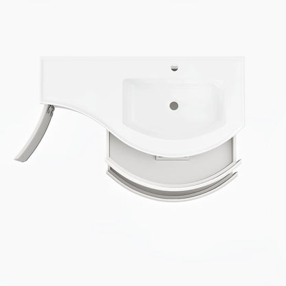 Floating Curved Bathroom Vanity in White & Round LED Medicine Cabinet Set Right Offset