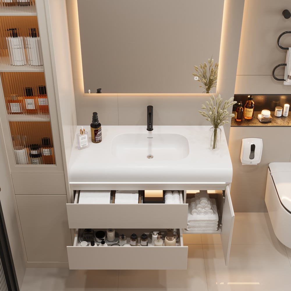 39" Wall Hung Bathroom Vanity White with Ample Storages and Adjustable Light