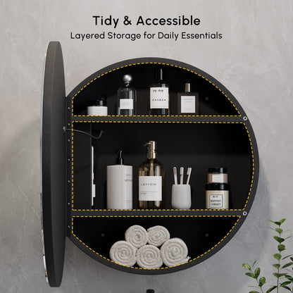 Floating Curved Bathroom Vanity & Round LED Medicine Cabinet Set Left Offset