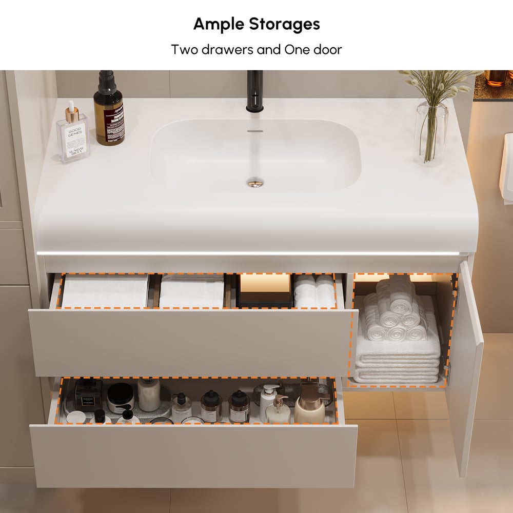 39" Wall Hung Bathroom Vanity White with Ample Storages and Adjustable Light
