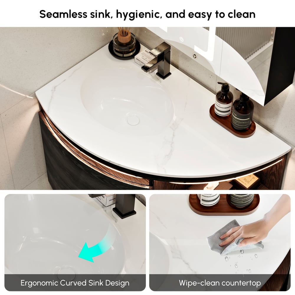 Modern 36" Corner Floating Single Bathroom Vanity with Sink, LED Light, Storage