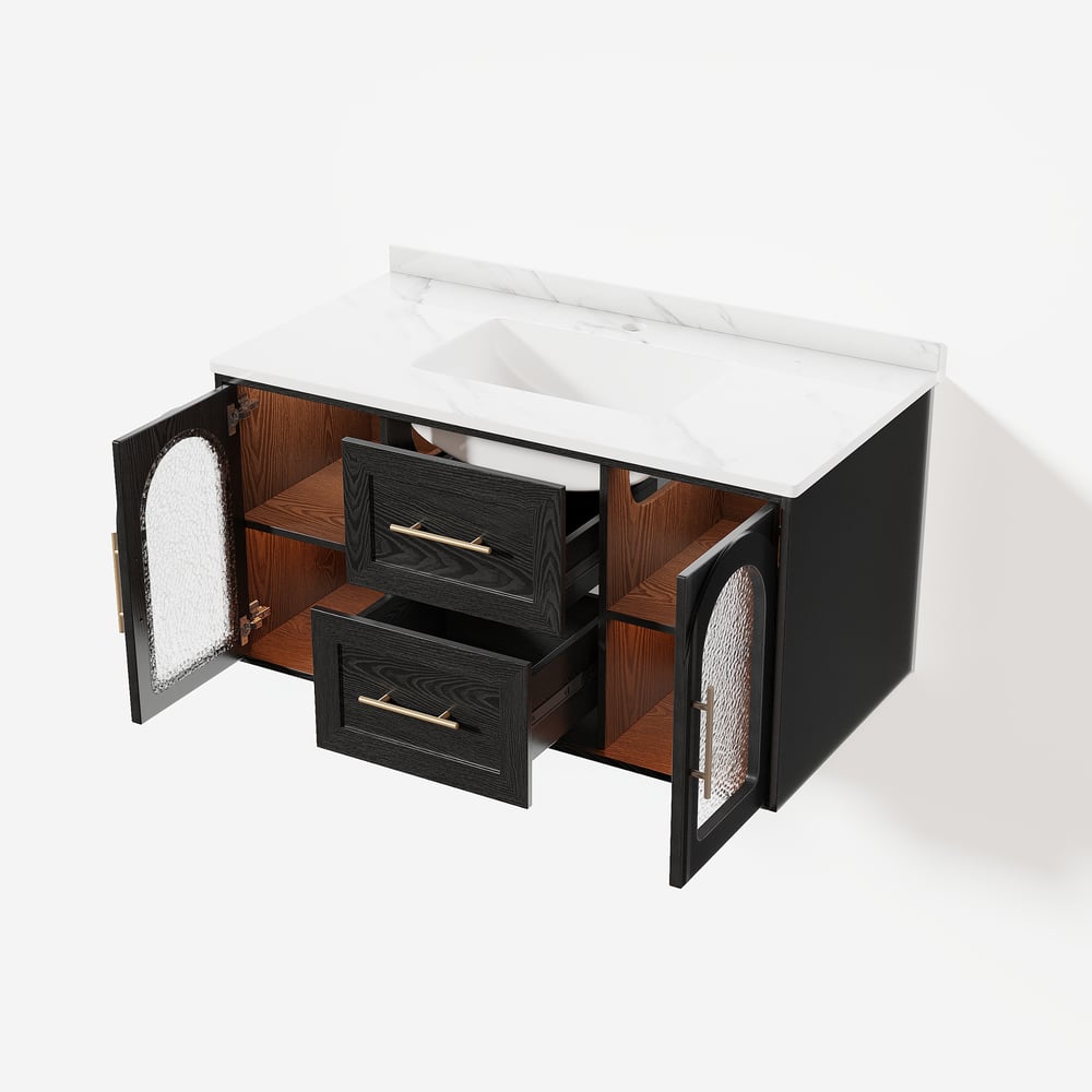 42" Arune Black Bathroom Vanity with Arched Glass Doors, Drawers and Light