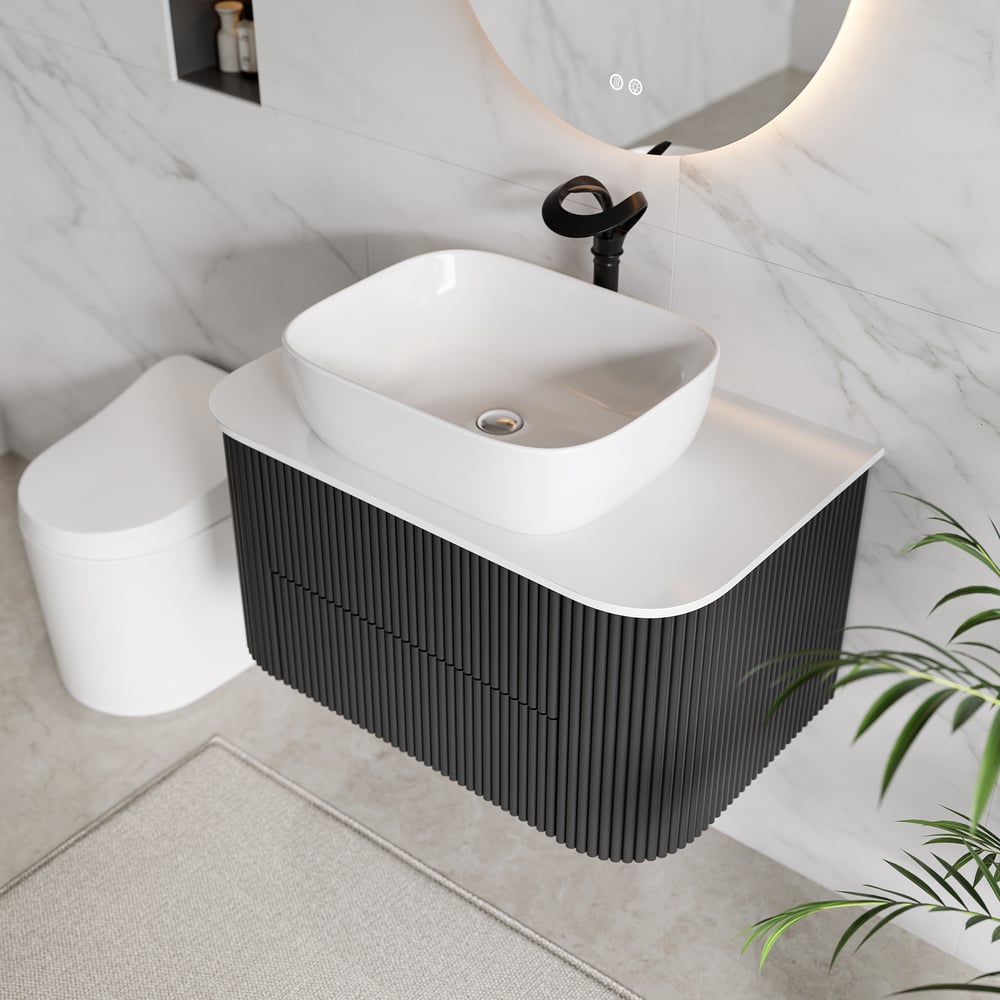 Black Fluted Bathroom Vanity Set 31.5" Floating Bathroom Vanity with Vessel Sink