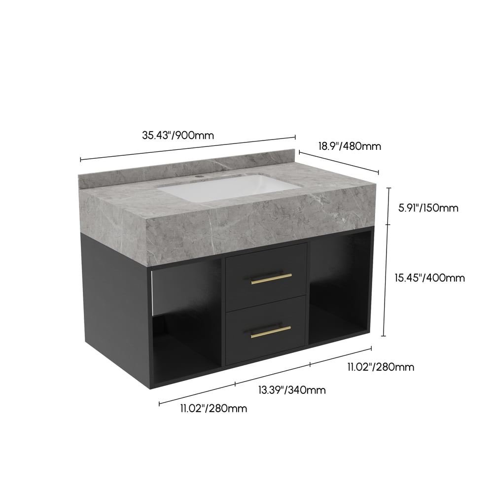 Modern 35.4" Floating Single Bathroom Vanity with Sink, Sintered Stone Top