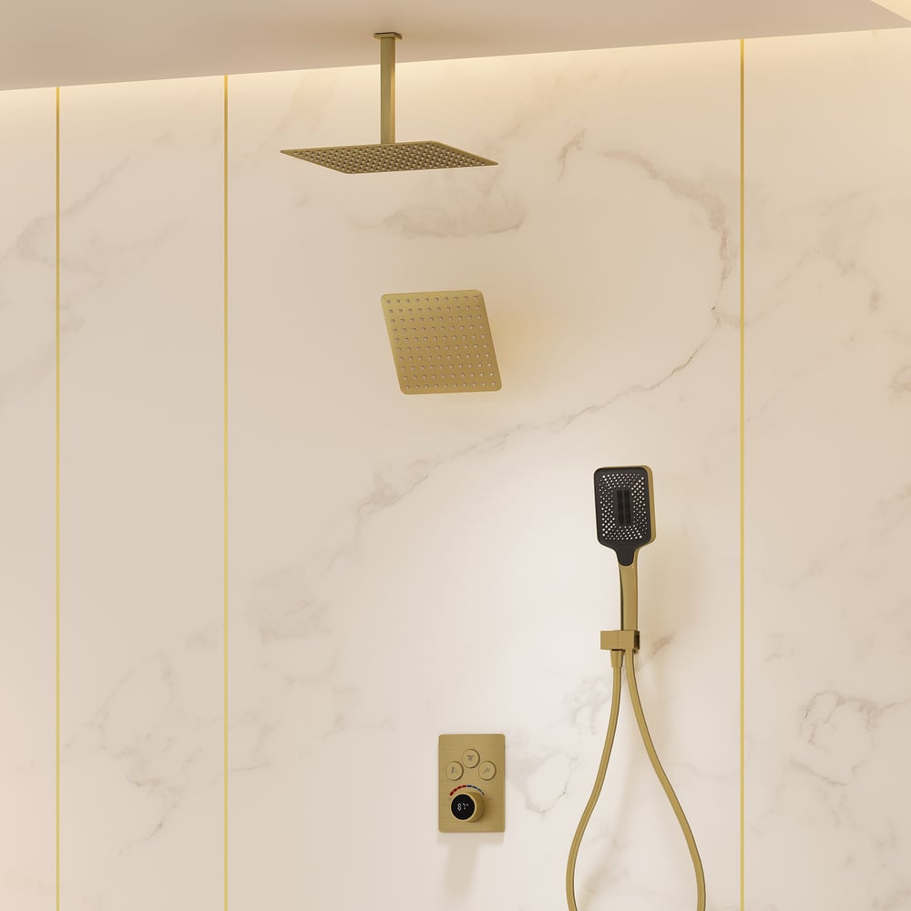 Dual Head Shower System – 12" Ceiling & 8" Wall Shower with Handheld, Solid Brass