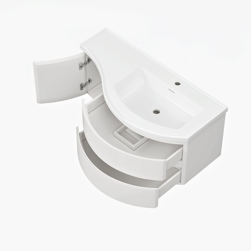 Floating Curved Bathroom Vanity in White & Round LED Medicine Cabinet Set Right Offset