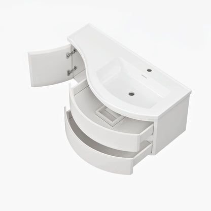 Floating Curved Bathroom Vanity in White & Round LED Medicine Cabinet Set Right Offset