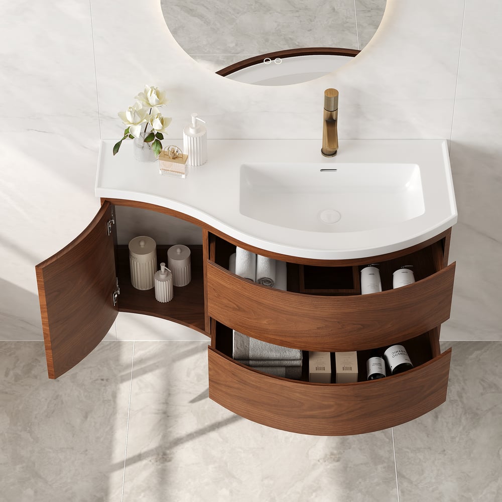 35" Floating Single Curved Bathroom Vanity with Sink & Storage