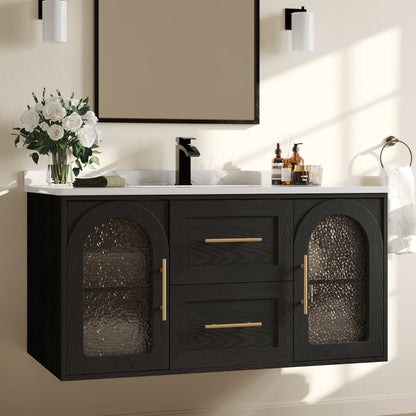 42" Arune Black Bathroom Vanity with Arched Glass Doors, Drawers and Light