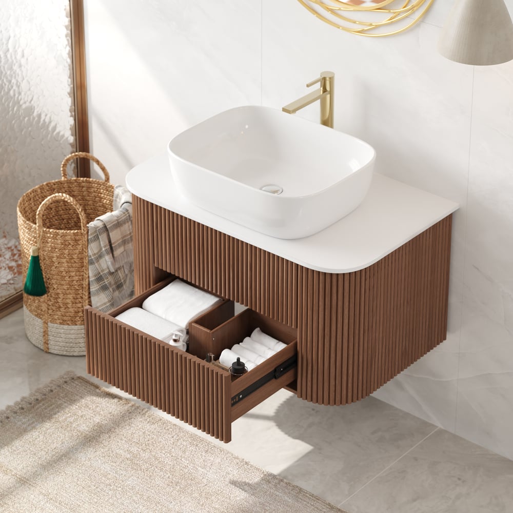 31.5" Fluted Bathroom Vanity Set Walnut Floating Bathroom Vanity with Vessel Sink