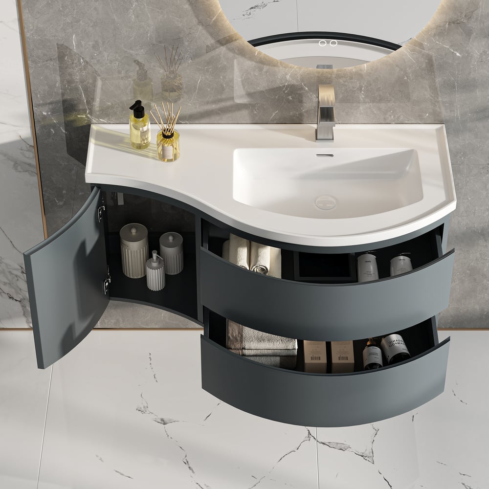 35" Floating Single Curved Bathroom Vanity with Sink & Storage