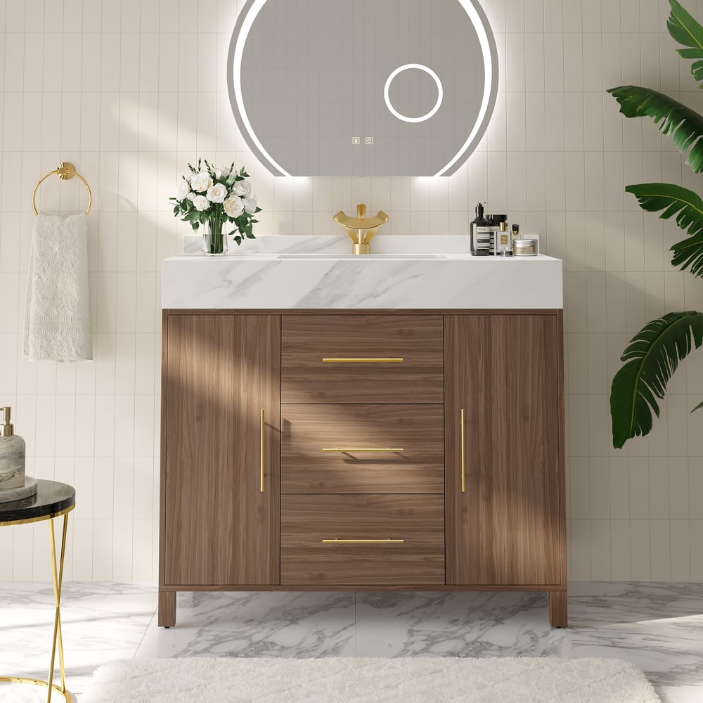 Modern 39" Walnut Sintered Stone Top Bathroom Vanity Set
