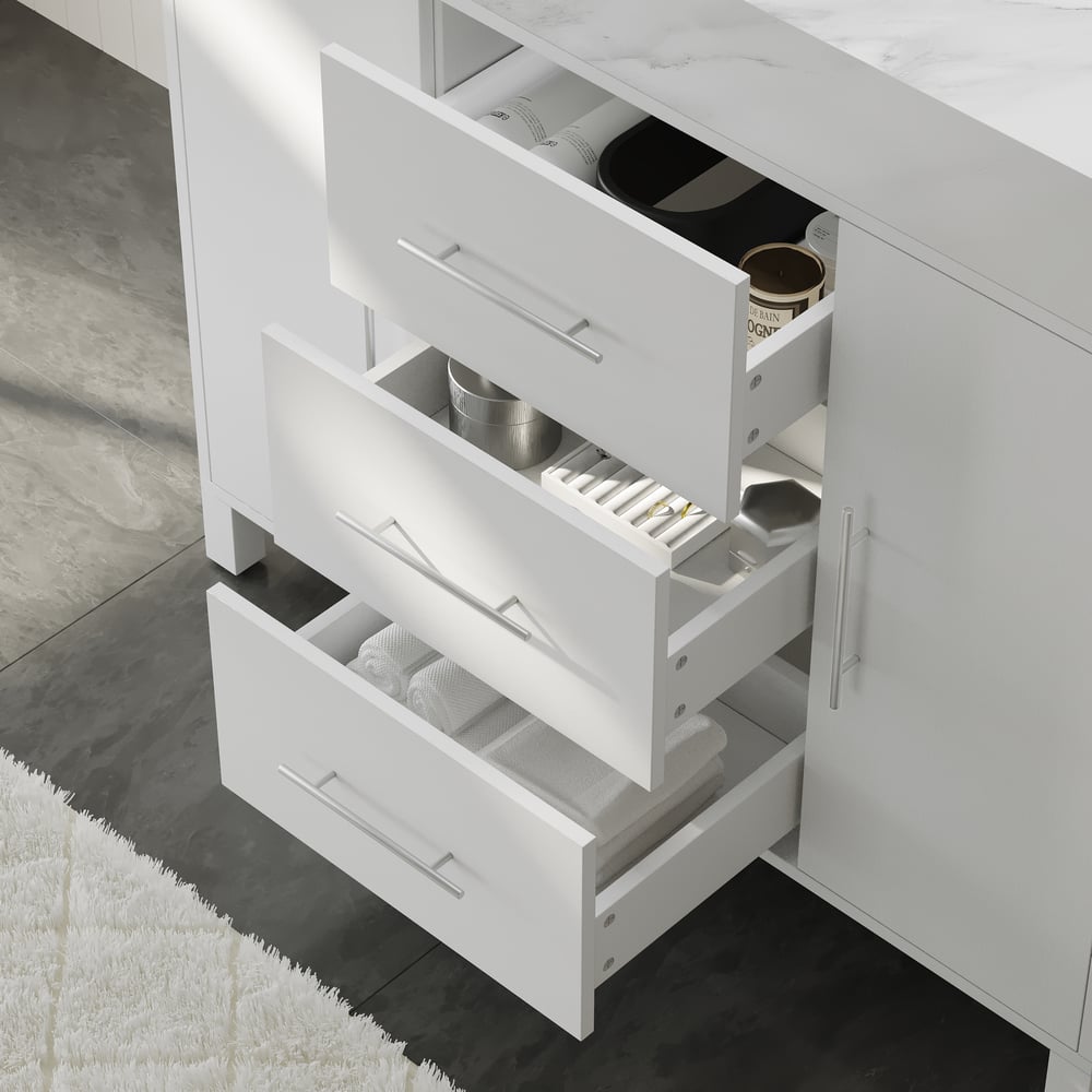 39.4" Freestanding White Bathroom Vanity, Sintered Stone Countertop & Silver Handles