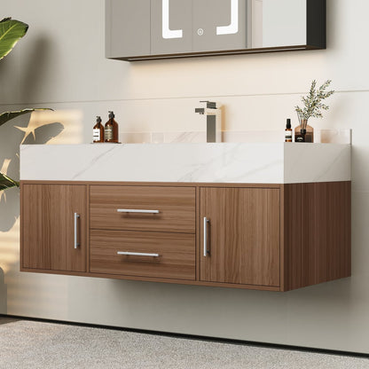 Modern 39" Walnut Floating Single Bathroom Vanity with Sintered Stone Top and Sink