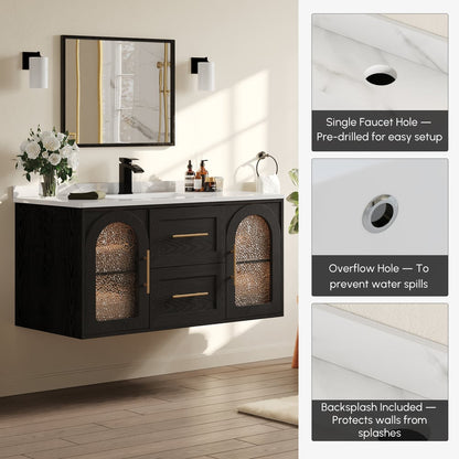42" Arune Black Bathroom Vanity with Arched Glass Doors, Drawers and Light