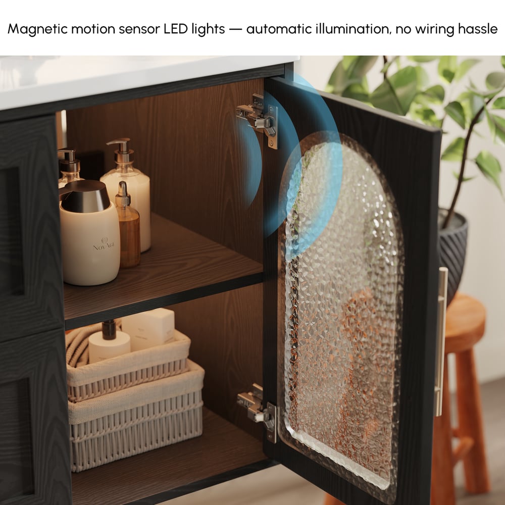 42" Arune Black Bathroom Vanity with Arched Glass Doors, Drawers and Light