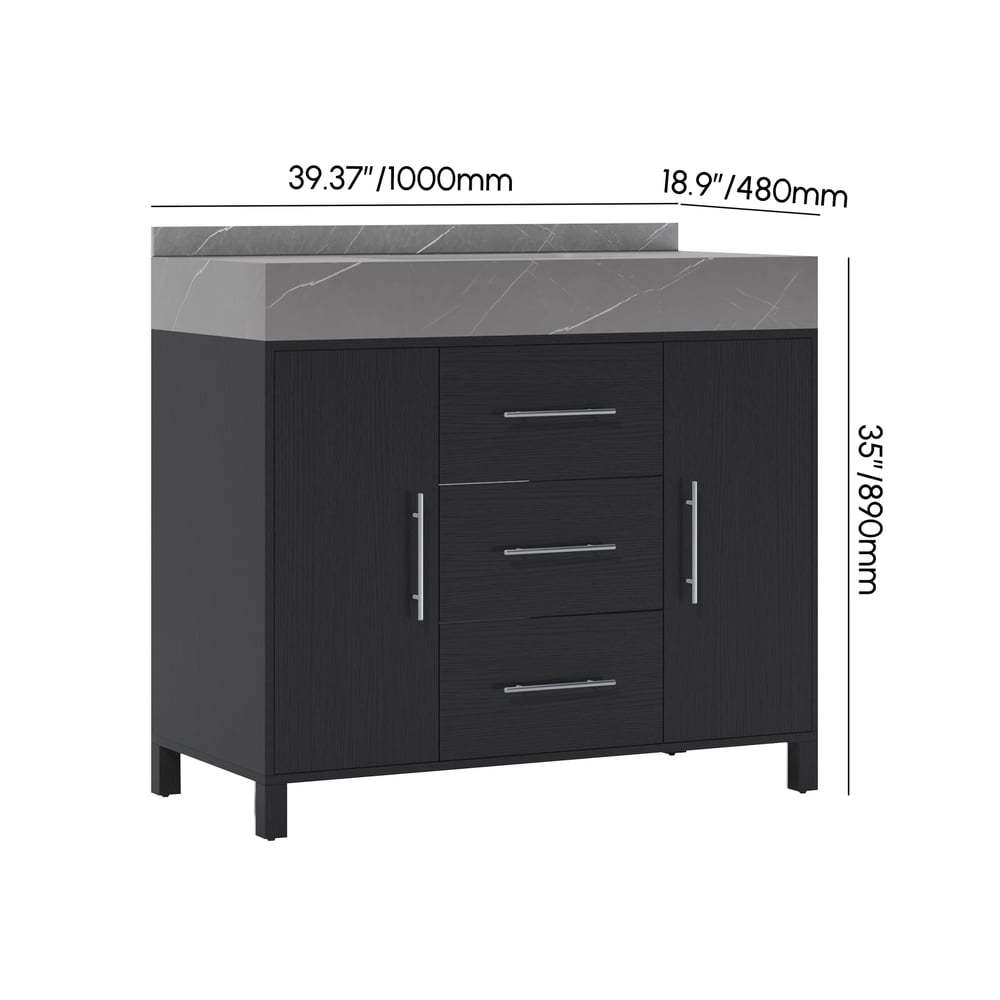 39.4" Freestanding Black Bathroom Vanity, Sintered Stone Countertop & Silver Handles