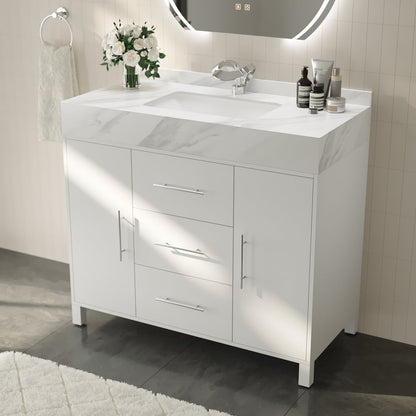 39.4" Freestanding White Bathroom Vanity, Sintered Stone Countertop & Silver Handles