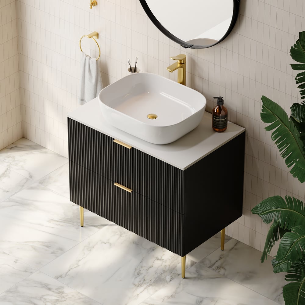 31.5'' Black Single Fluted Bathroom Vanity with Vessel Sink and 2 Drawers