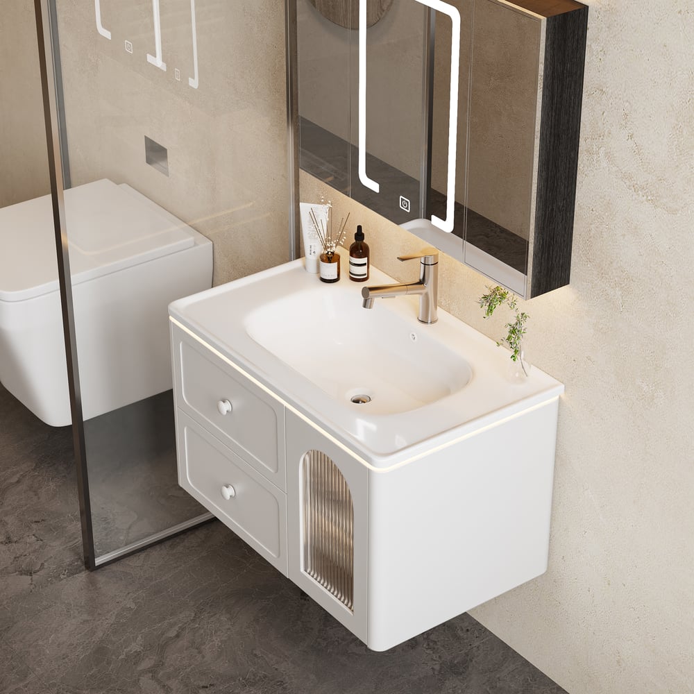 31.5" Modern Floating LED Bathroom Vanity with Ribbed Glass Door & Drawers
