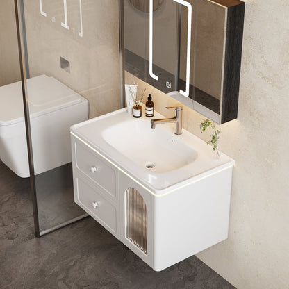 31.5" Modern Floating LED Bathroom Vanity with Ribbed Glass Door & Drawers