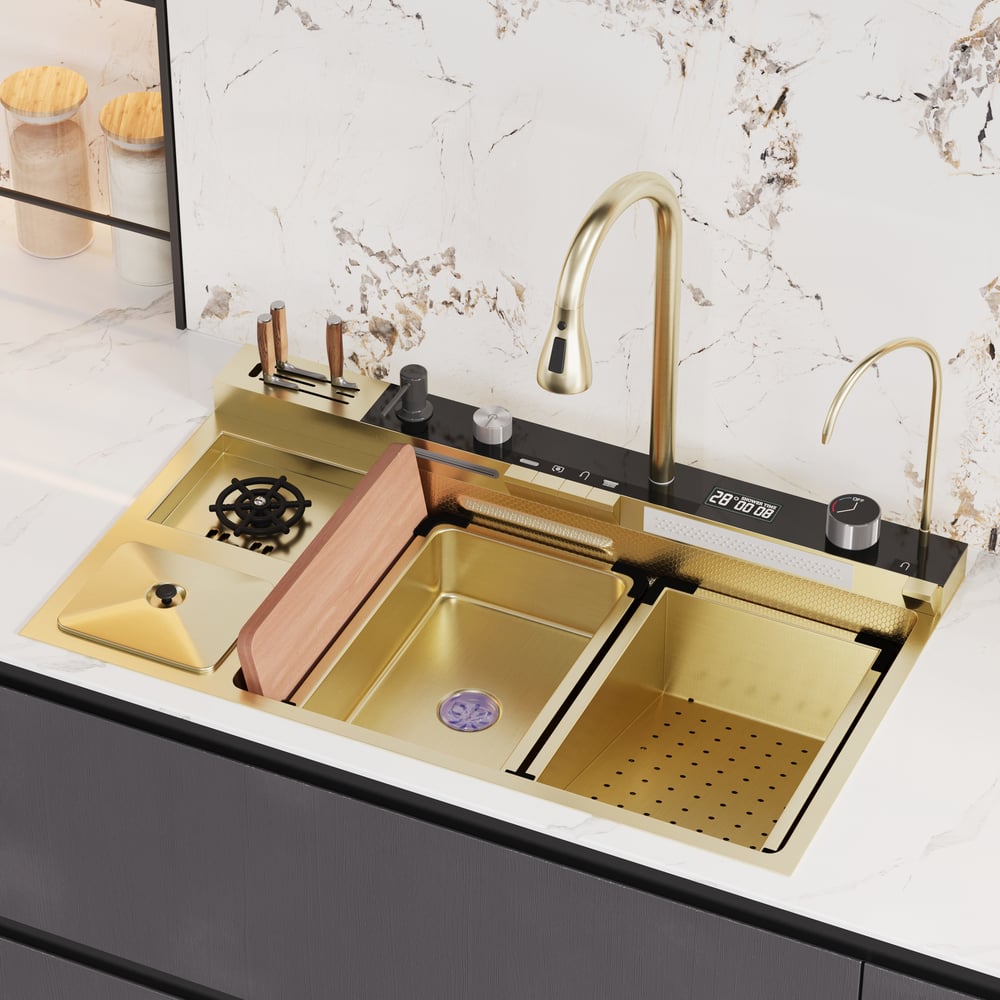 Multi-Function Stainless Steel Kitchen Sink 32.3" × 18.9" with Pull-Out Faucet
