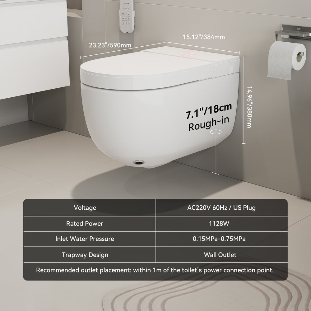 Airloo S2 Wall-Mounted Smart Bidet Toilet with In-Wall Tank, UV sterilization, 1.32 GPF