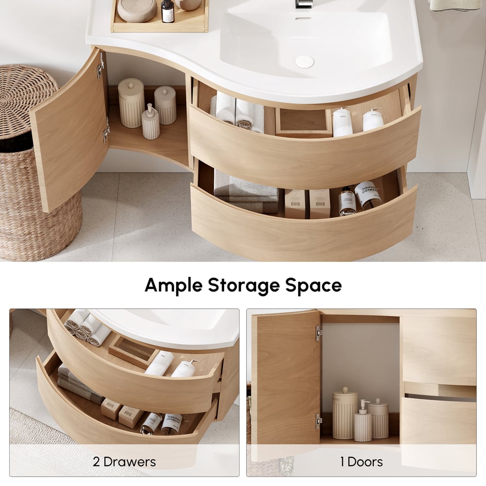 35" Floating Single Curved Bathroom Vanity with Sink & Storage