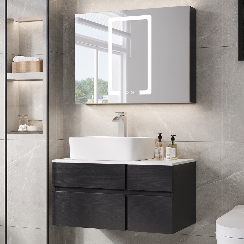 Modern 31" Floating Single Bathroom Vanity with Stone Resin Top, Ceramic Basin