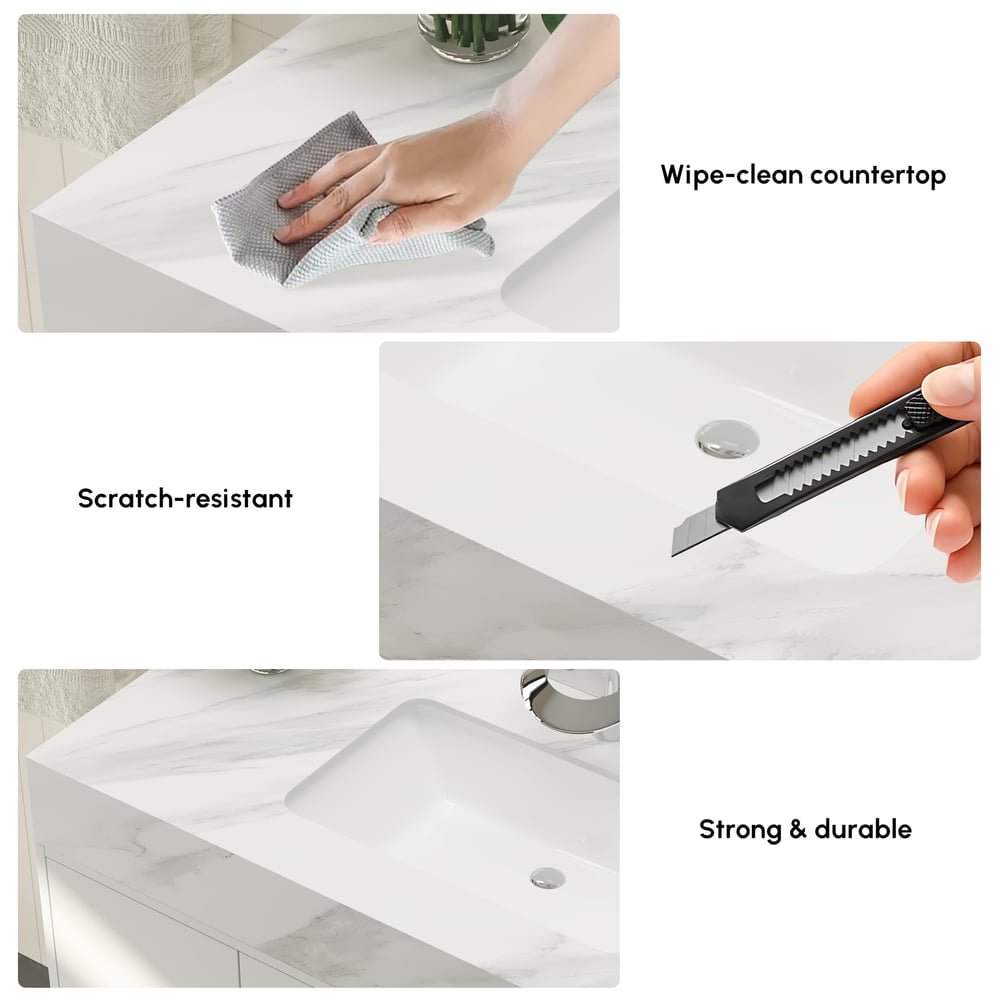 39.4" Freestanding White Bathroom Vanity, Sintered Stone Countertop & Silver Handles