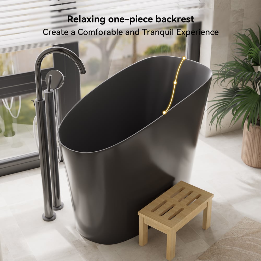 47" Japanese Modern Irregular Freestanding Stone Resin Soaking Bathtub Black