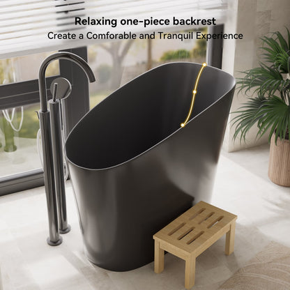 47" Japanese Modern Irregular Freestanding Stone Resin Soaking Bathtub Black