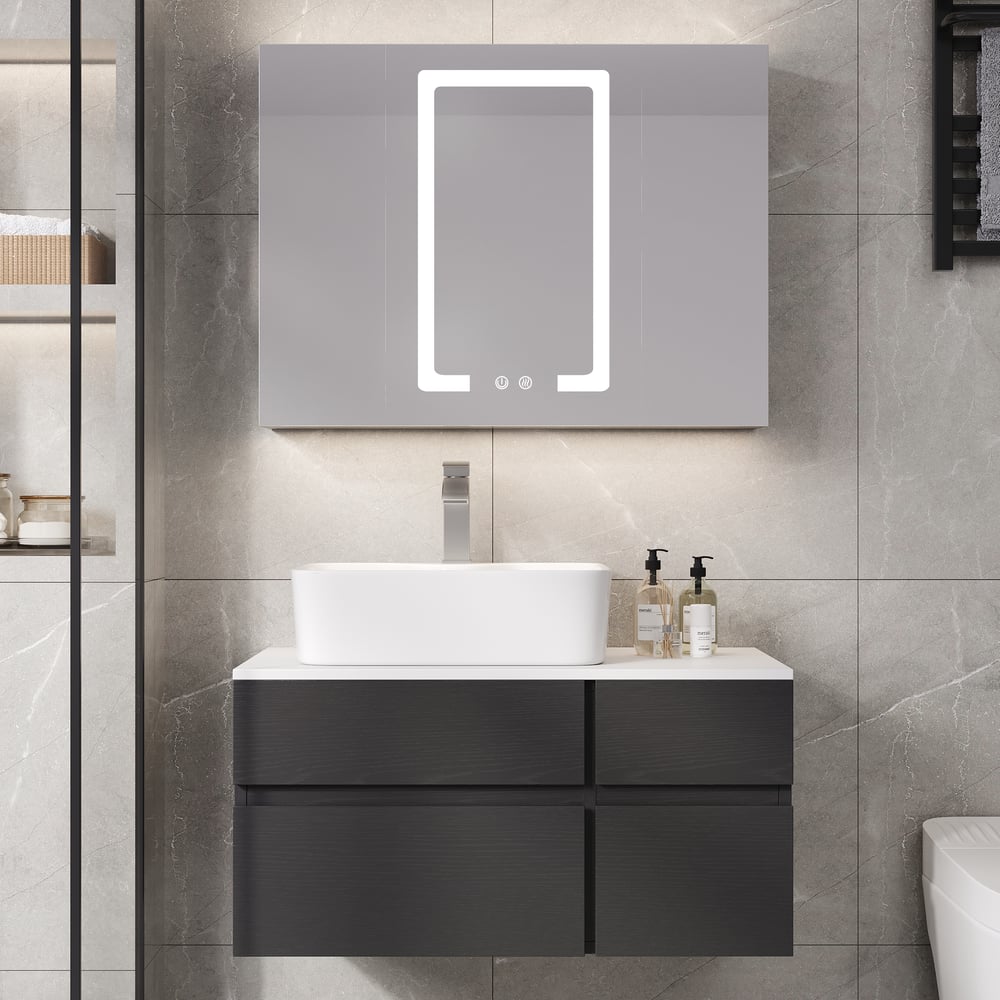 Modern 31" Floating Single Bathroom Vanity with Stone Resin Top, Ceramic Basin