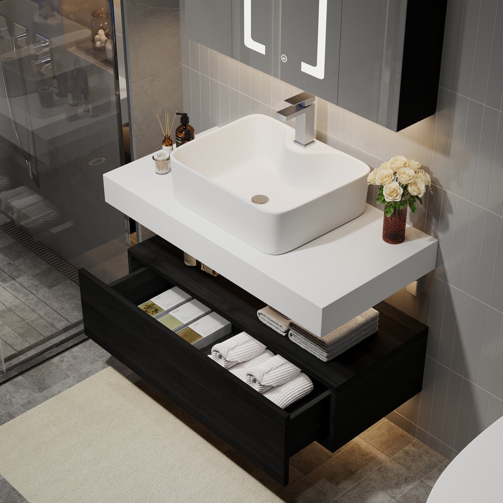 Modena 39.3" Floating Single Bathroom Vanity with Sink, Sintered Stone Top