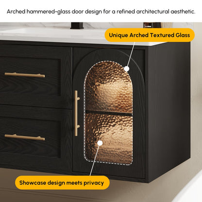 42" Arune Black Bathroom Vanity with Arched Glass Doors, Drawers and Light