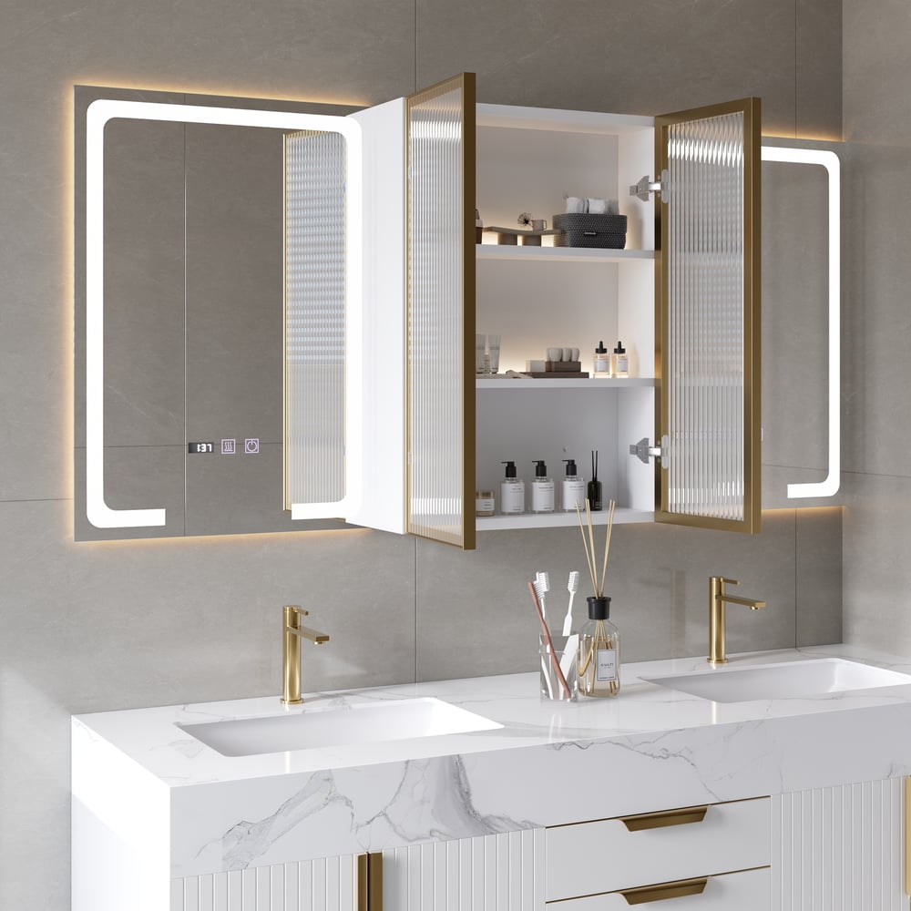 59" Double Sink Freestanding Vanity Set with LED Medicine Cabinet with Storage