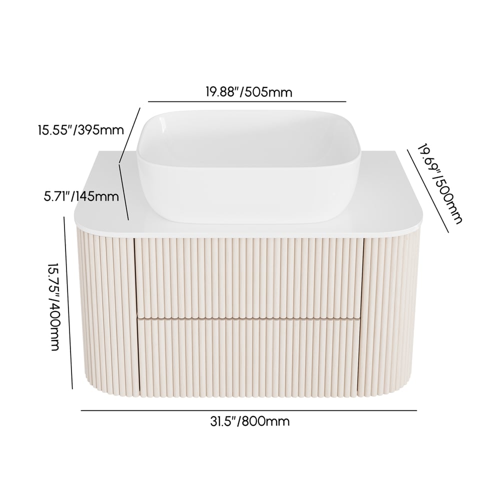 31.5" Whitewash Fluted Bathroom Vanity with Vessel Sink – Wall-Mounted Floating Design