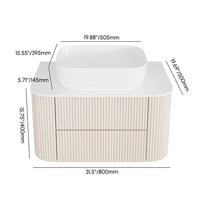 31.5" Whitewash Fluted Bathroom Vanity with Vessel Sink – Wall-Mounted Floating Design