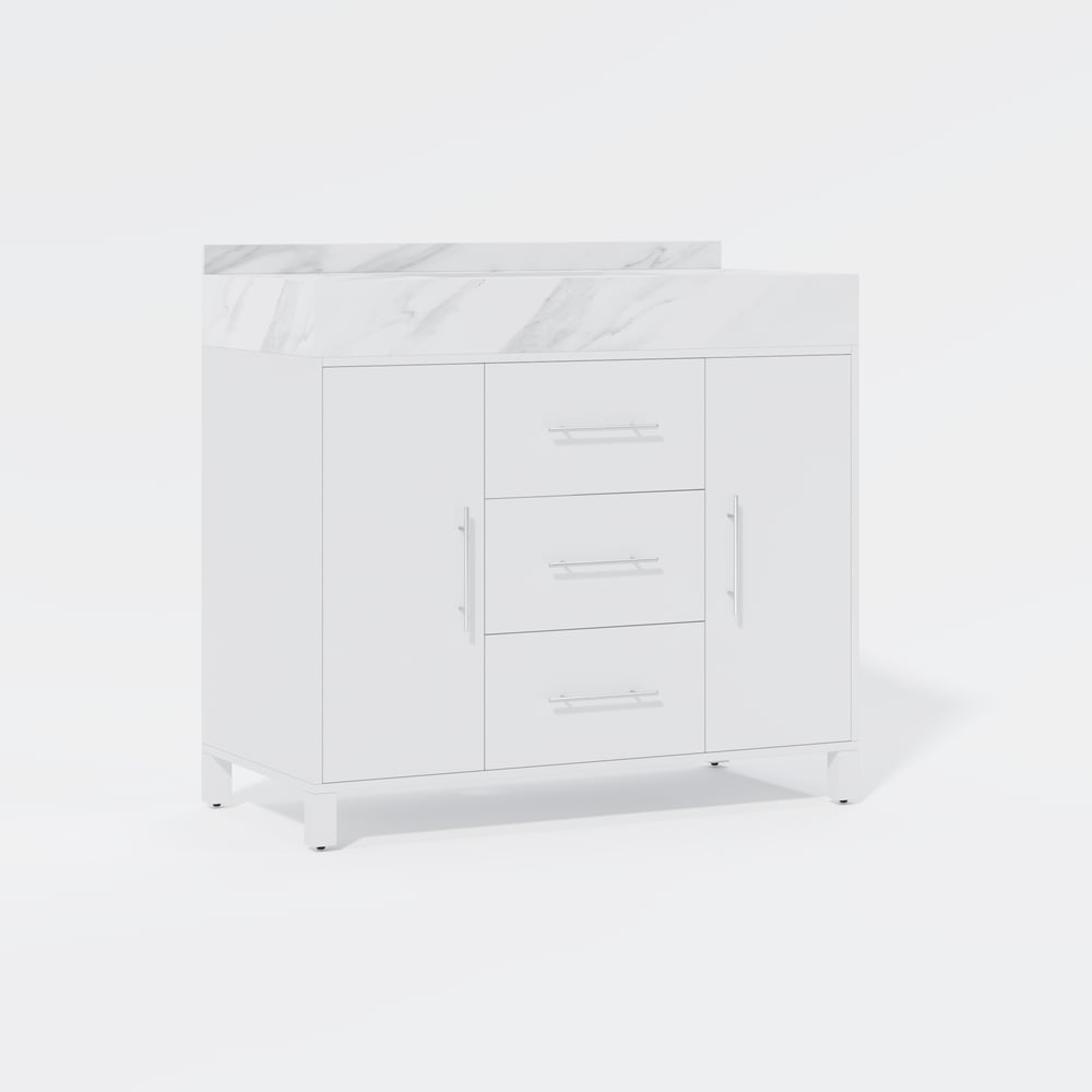 39.4" Freestanding White Bathroom Vanity, Sintered Stone Countertop & Silver Handles