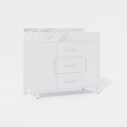 39.4" Freestanding White Bathroom Vanity, Sintered Stone Countertop & Silver Handles