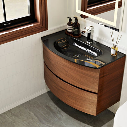 Modern 31.5" Floating Bathroom Vanity with One-piece Glass Basin 2 Drawers in Walnut
