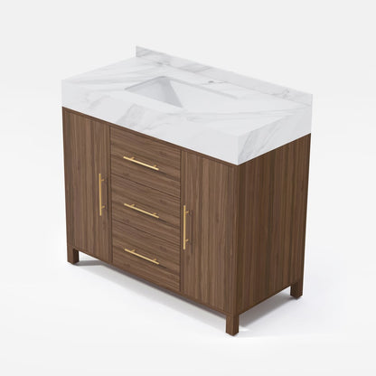 Modern 39" Walnut Sintered Stone Top Bathroom Vanity Set