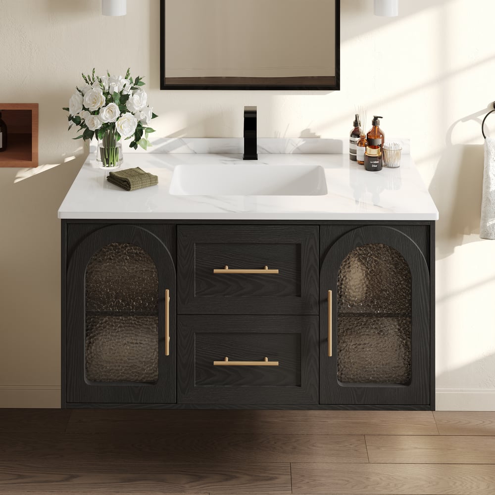 42" Arune Black Bathroom Vanity with Arched Glass Doors, Drawers and Light