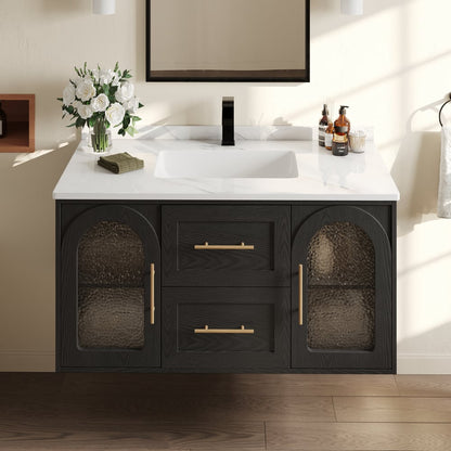 42" Arune Black Bathroom Vanity with Arched Glass Doors, Drawers and Light